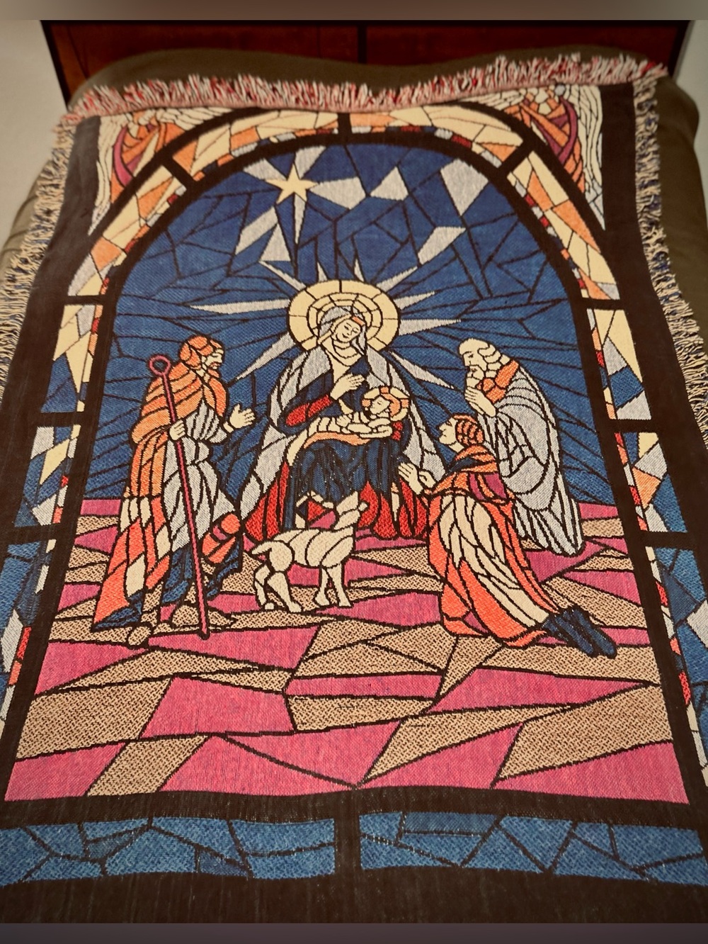Vintage Nativity Holy Family Afghan Blanket Tapestry Christmas Religious 52x72